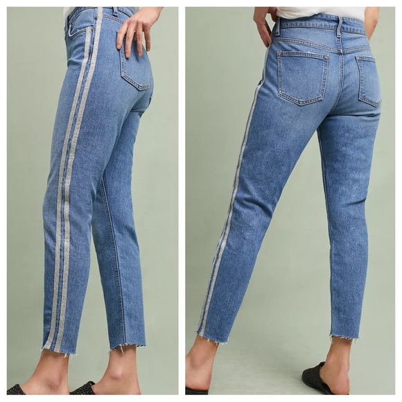 Anthropologie Shimmer Metallic Silver Racer Side Stripe Fringe Hem Cropped Jeans - Picture 5 of 15